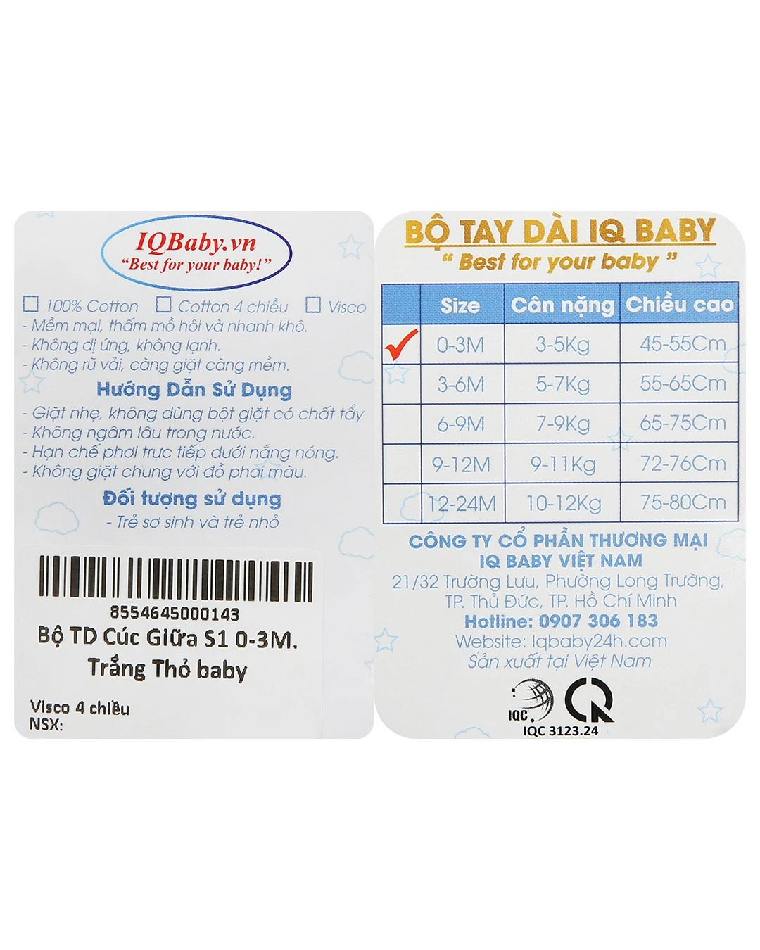 Bộ tay dài in hình thỏ baby IQ Baby màu trắng 12
