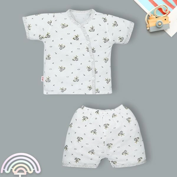 Bộ tay ngắn cài lệch in hình máy bay IQ Baby màu trắng viền xám 1