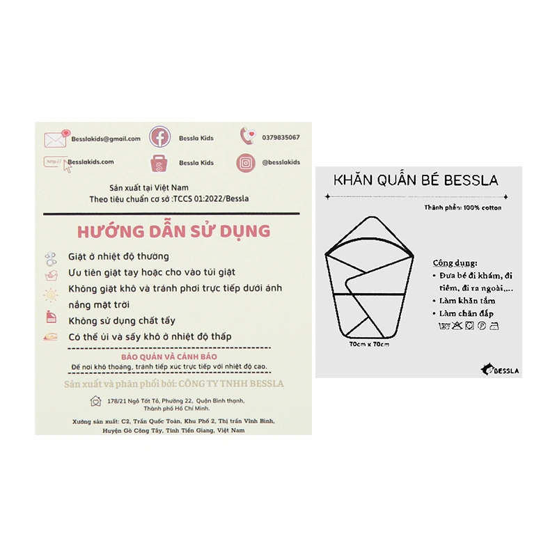 Khăn quấn cotton Bessla 70x70 cm - Rồng xanh 15