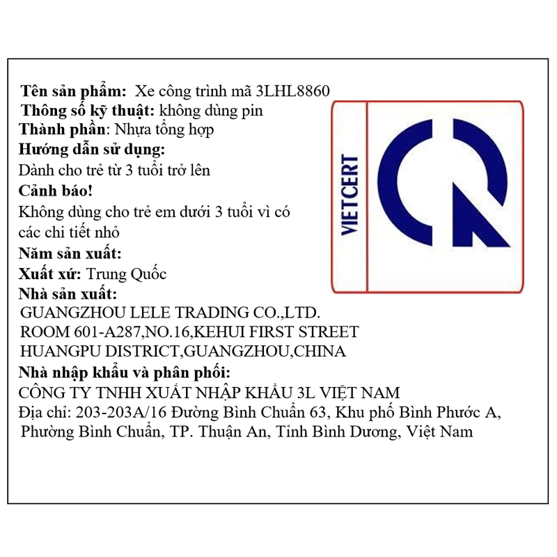 Đồ chơi xe công trình 3L 3LHL8860 16