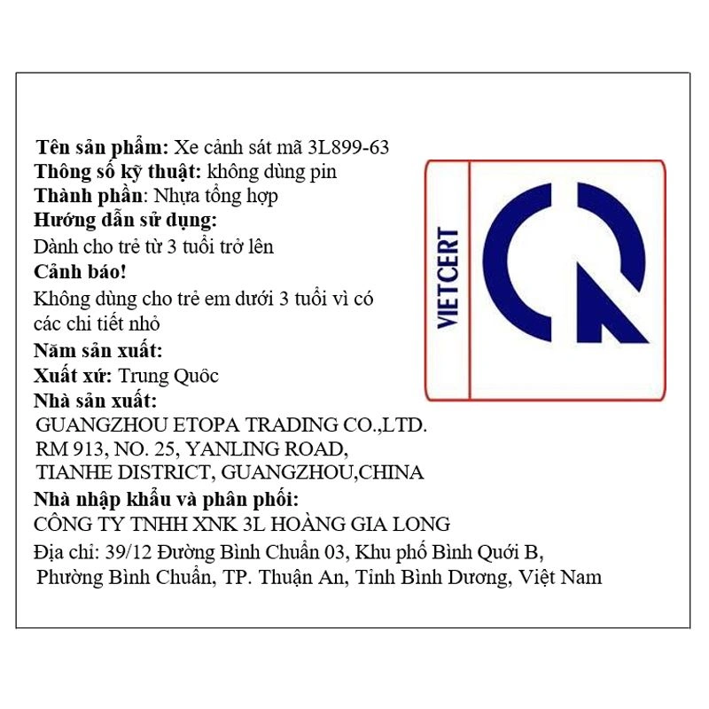 Đồ chơi mô hình xe cảnh sát 3L 3L899-63 - Màu ngẫu nhiên 8