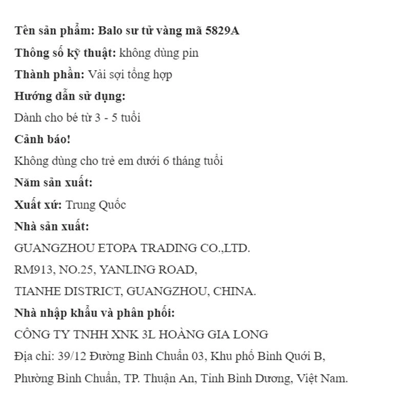 Balo cho bé mẫu giáo 3L sư tử 5829A vàng 10