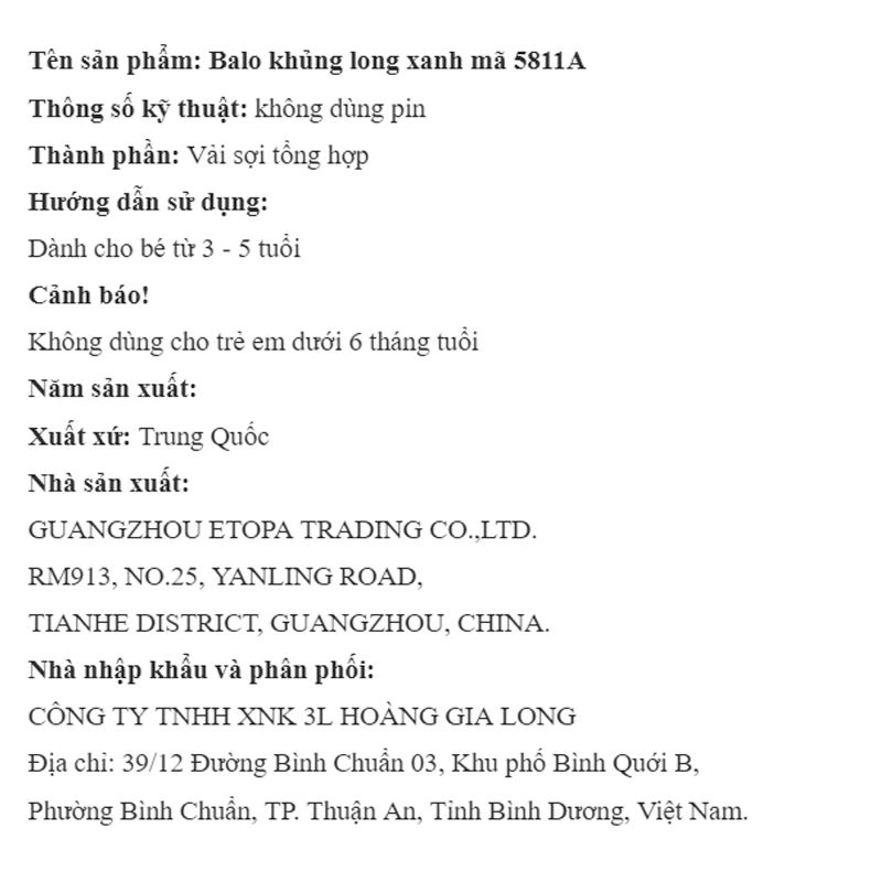 Balo cho bé mẫu giáo 3L khủng long 5811A xanh dương đậm 10