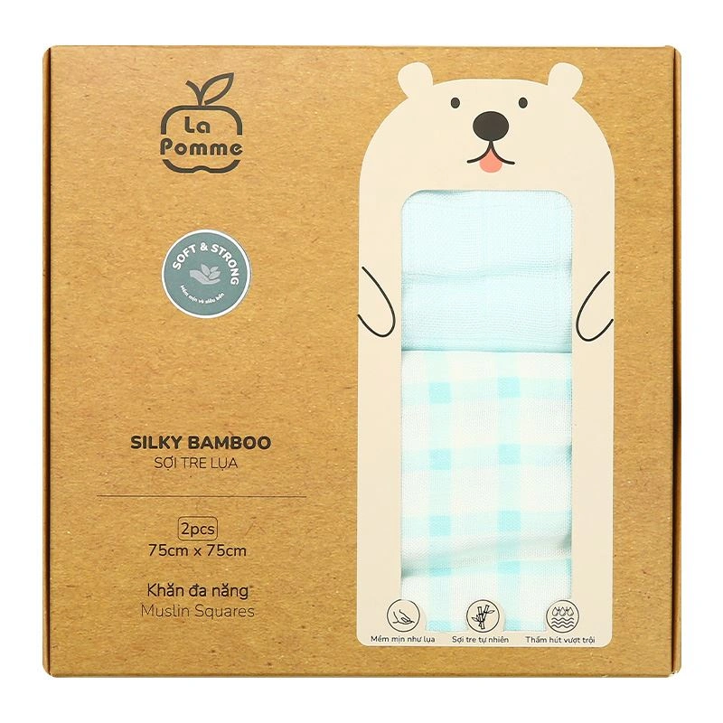 Set 2 cái khăn sữa sợi tre La Pomme 3 lớp 75x75 cm - Kẻ trắng xanh 8