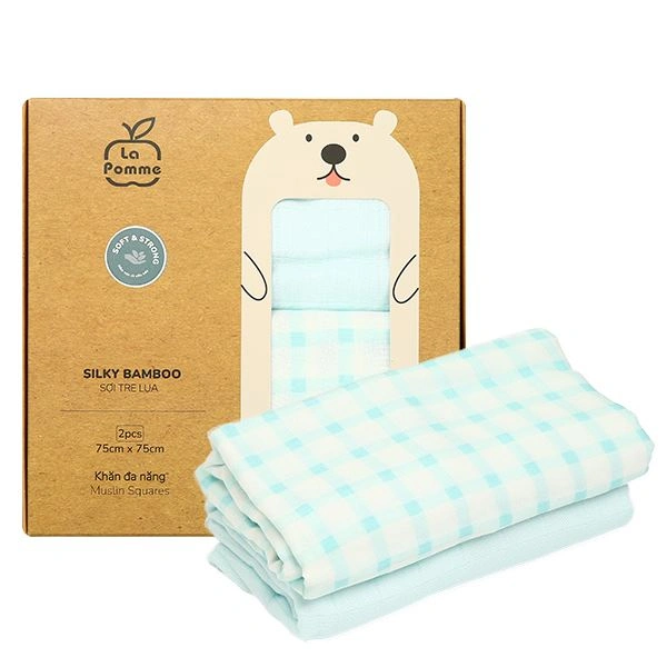 Set 2 cái khăn sữa sợi tre La Pomme 3 lớp 75x75 cm - Kẻ trắng xanh 1
