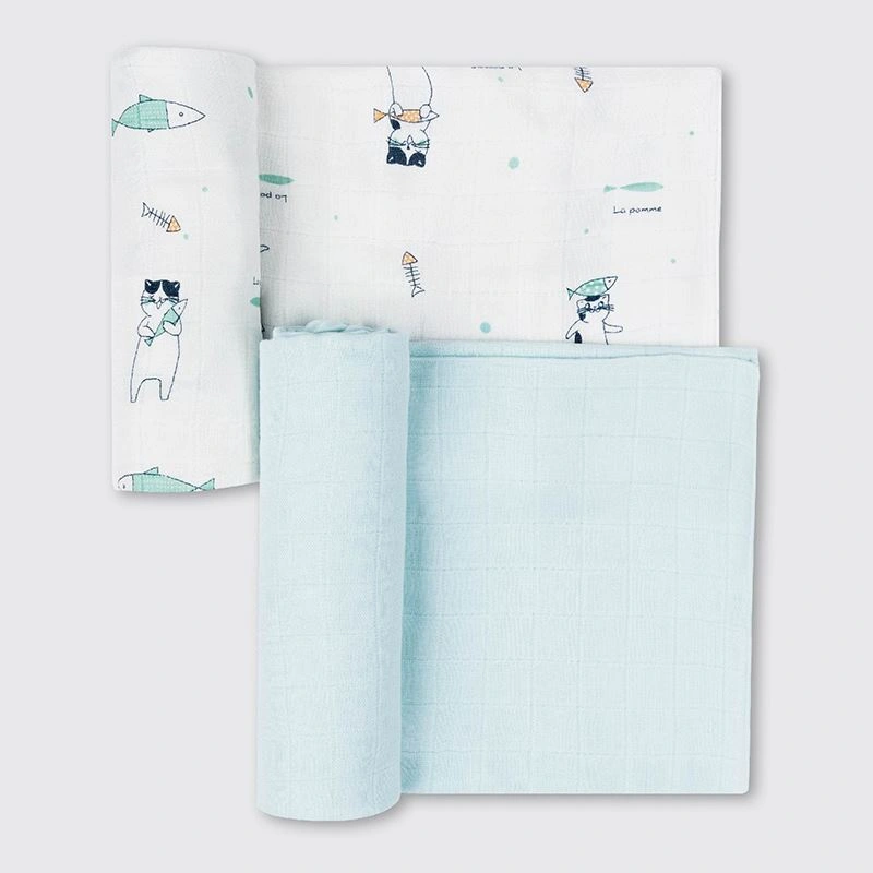 Set 2 cái khăn sữa sợi tre La Pomme 3 lớp 75x75 cm - Mèo xanh 2