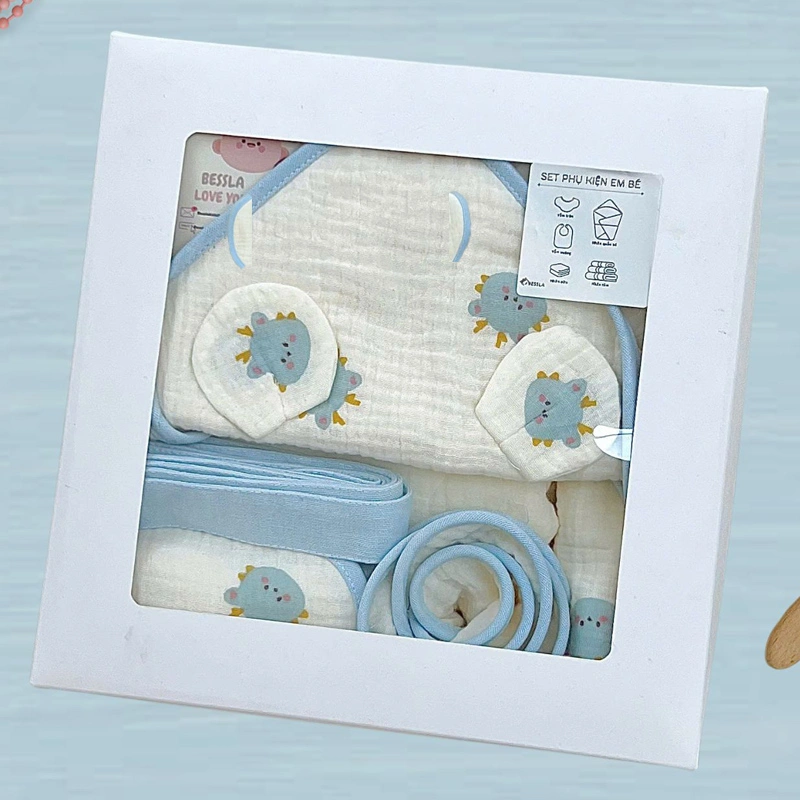 Set phụ kiện cho bé 4 món (khăn sữa, khăn tắm, khăn quấn, khăn yếm) muslin Bessla - Rồng xanh dương 3