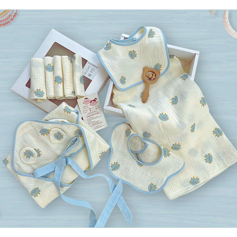 Set phụ kiện cho bé 4 món (khăn sữa, khăn tắm, khăn quấn, khăn yếm) muslin Bessla - Rồng xanh dương 4