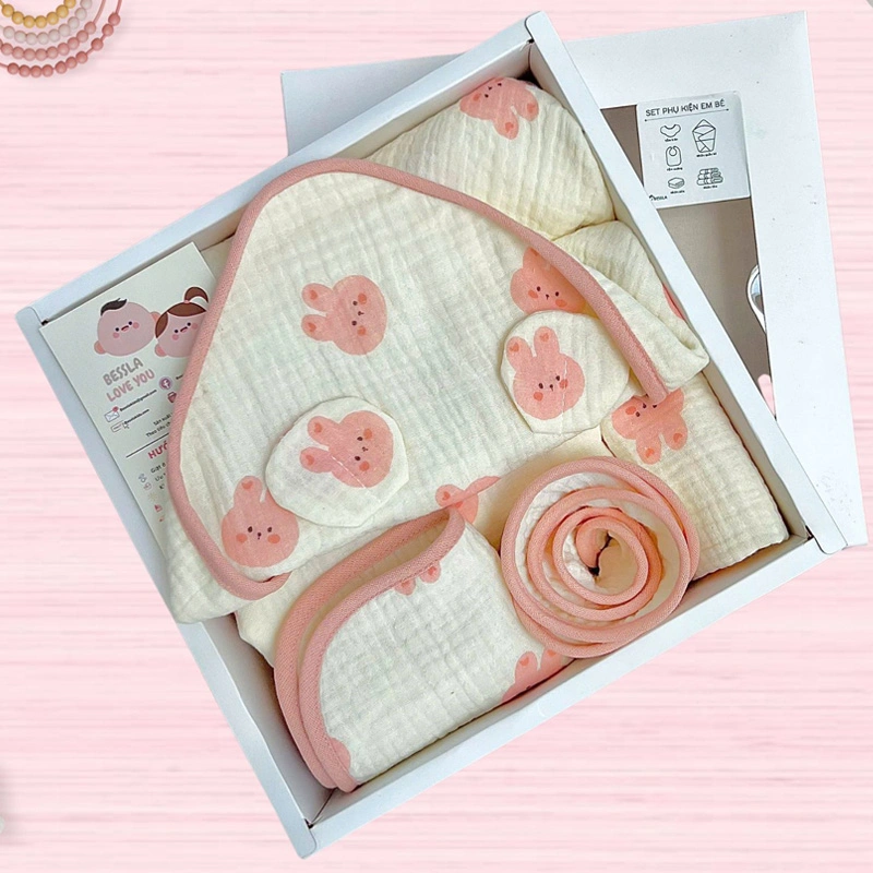 Set phụ kiện cho bé 4 món (khăn sữa, khăn tắm, khăn quấn, khăn yếm) muslin Bessla - Rồng xanh dương 7