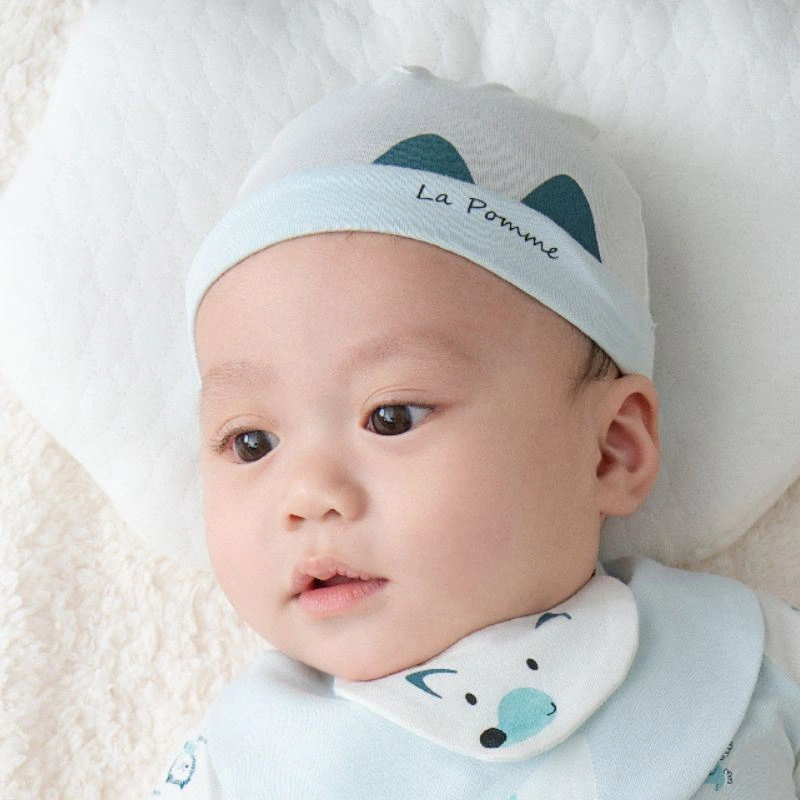 Nón sơ sinh họa tiết dễ thương La Pomme màu trắng - xanh dương (0 - 3 tháng) 2