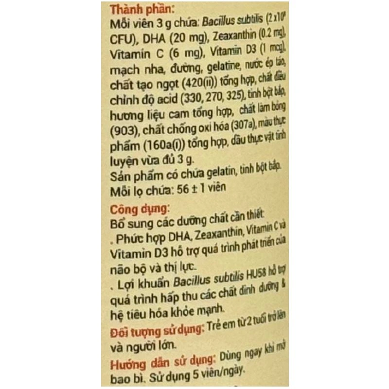 Kẹo dẻo Huro Probiotics Brain Eyes phát triển não bộ và thị lực hương cam, 168g dạng viên (từ 2 tuổi) 6