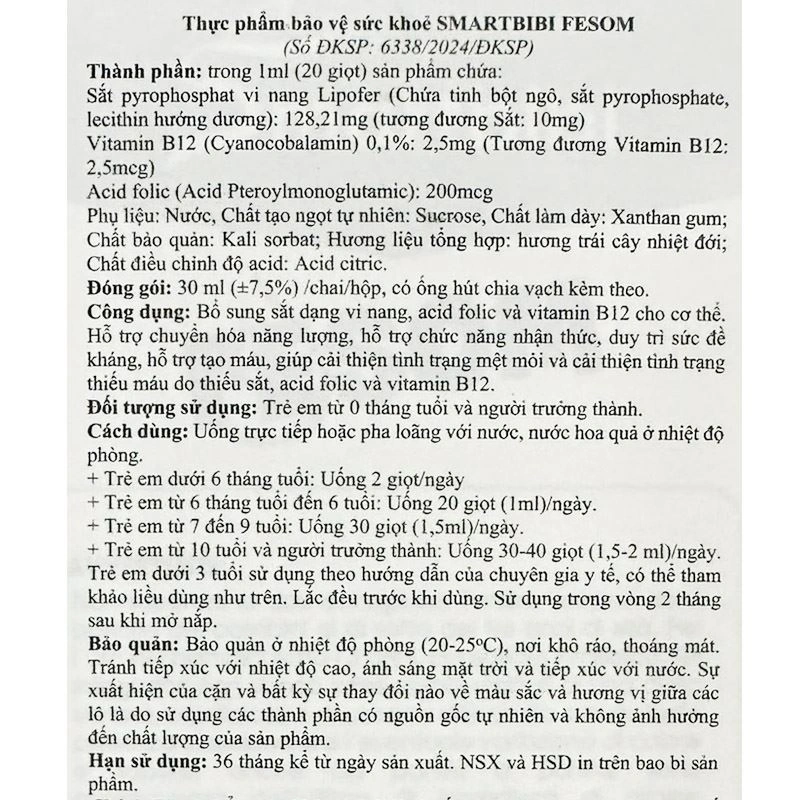 Smartbibi FESOM bổ sung sắt, hỗ trợ tạo hồng cầu hương trái cây, 30 ml dạng nhỏ giọt (từ 0 tháng) 6