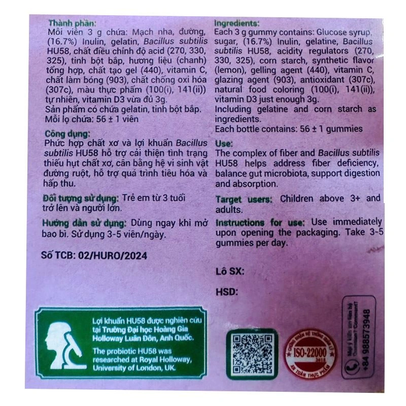 Kẹo dẻo Huro Probiotic Fiber bổ sung chất xơ, hỗ trợ tiêu hóa hương chanh, 168g dạng viên (từ 3 tuổi) 5