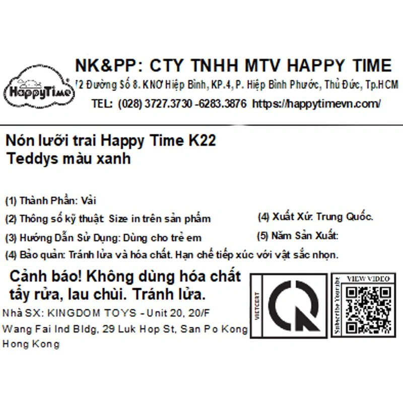 Nón kết cho bé HappyTime K22 màu xanh dương 7