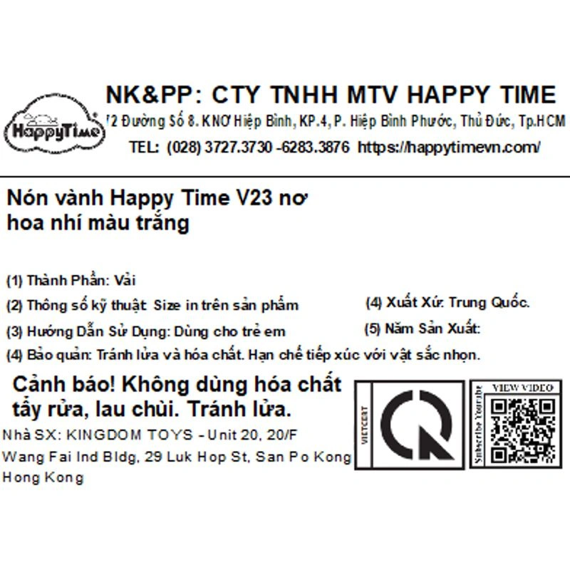 Nón vành cho bé gái HappyTime V23 màu kem in hoa nhí 18