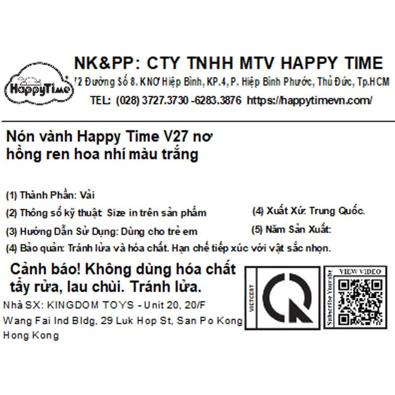 Nón vành cho bé gái HappyTime V27 màu trắng 8