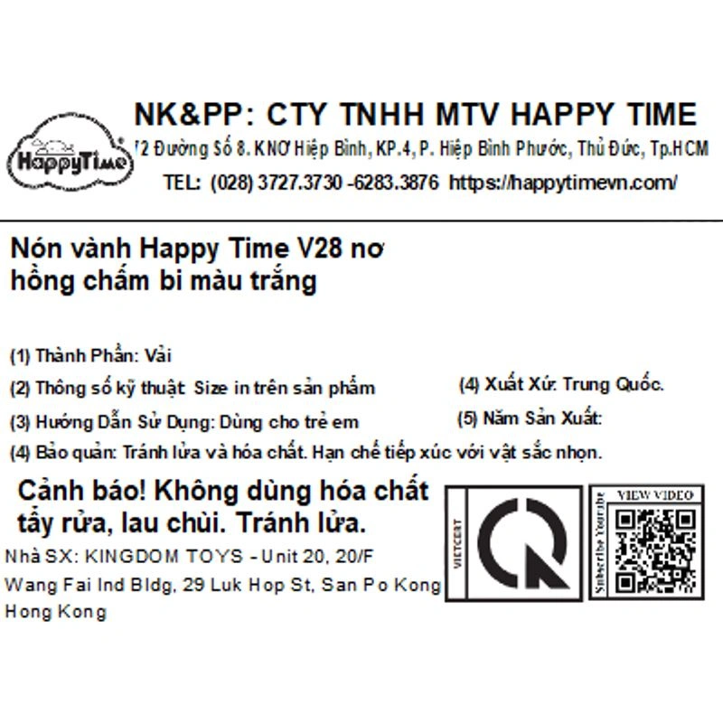 Nón vành cho bé gái HappyTime V28 màu trắng 9