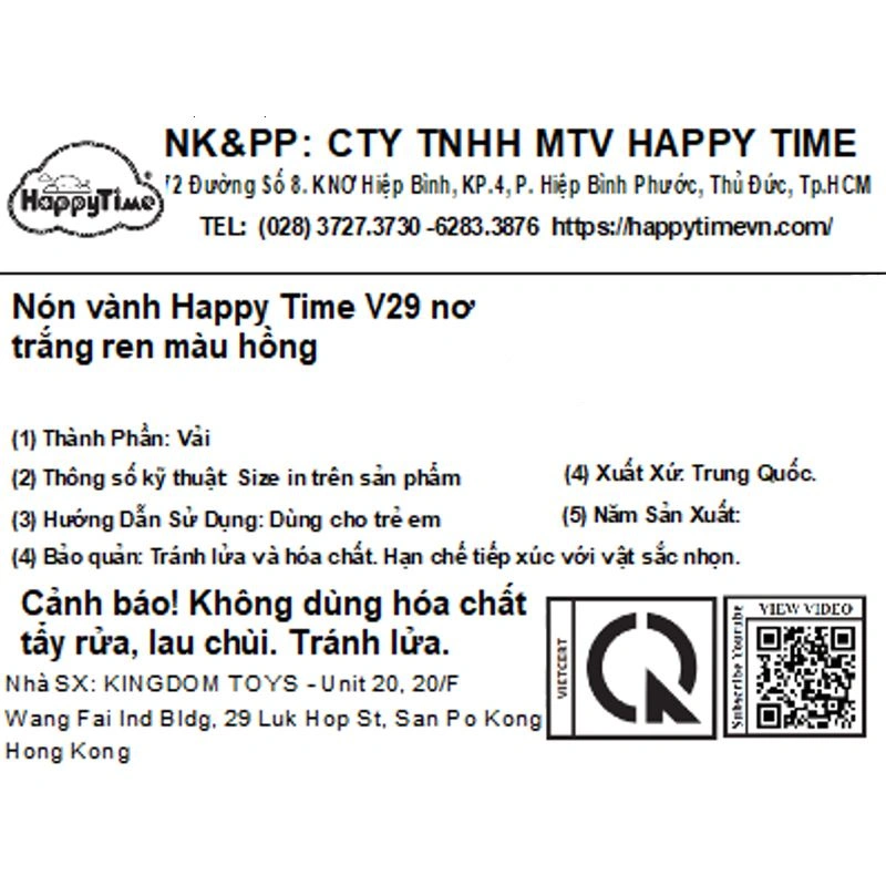 Nón vành cho bé gái HappyTime V29 màu hồng nhạt 9