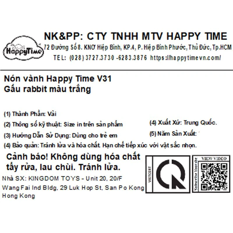 Nón vành cho bé gái HappyTime V31 màu trắng 9