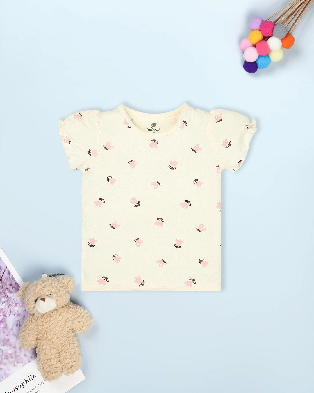 Bộ tay ngắn bé gái Lullaby NH701R màu be - hồng 2