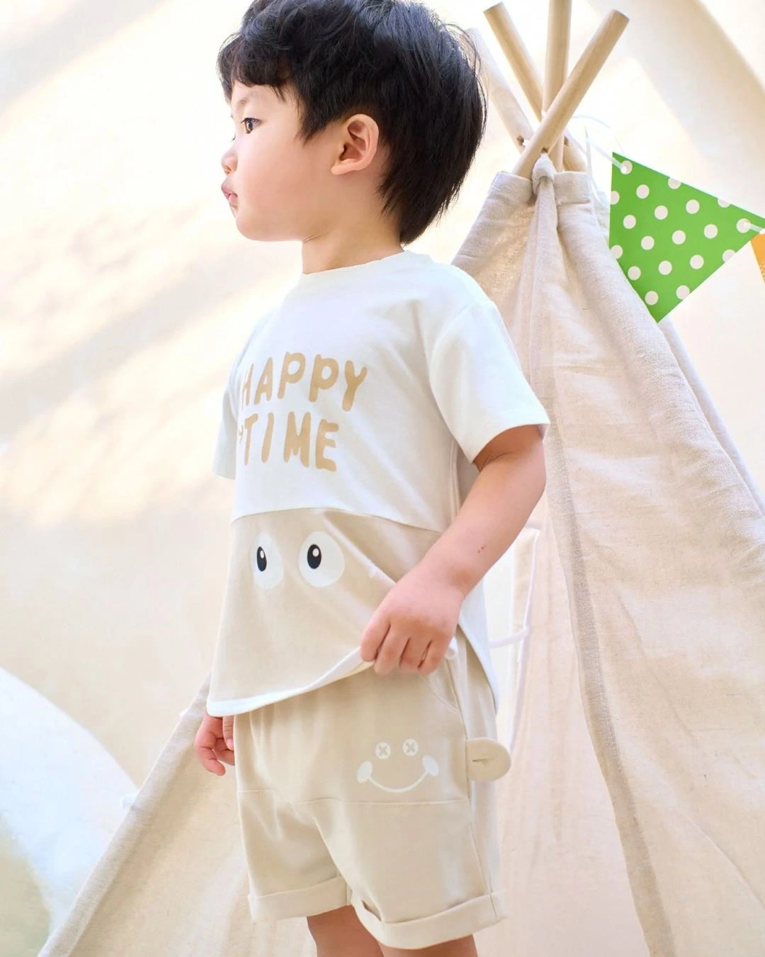 Bộ tay ngắn bé trai La Pomme in happy time màu trắng - be 3