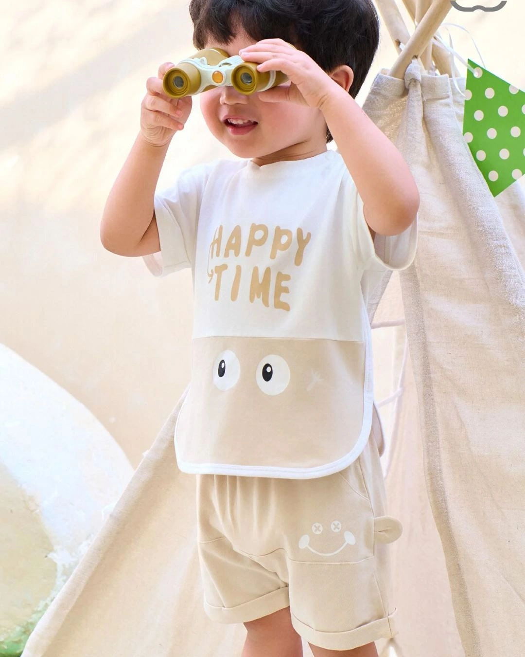 Bộ tay ngắn bé trai La Pomme in happy time màu trắng - be 4