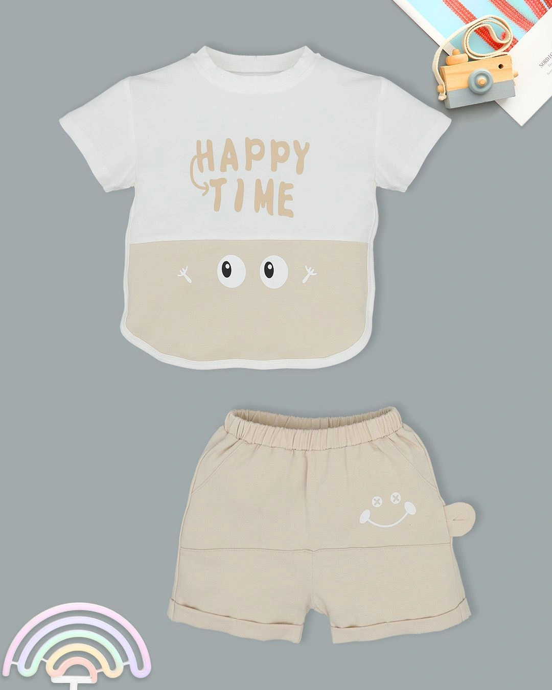 Bộ tay ngắn bé trai La Pomme in happy time màu trắng - be 5
