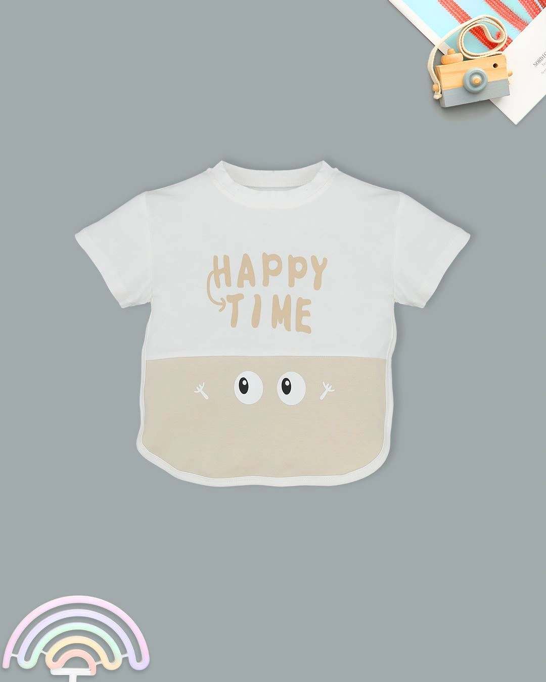 Bộ tay ngắn bé trai La Pomme in happy time màu trắng - be 6