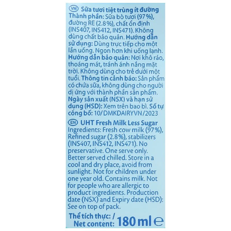 Lốc 4 hộp sữa tươi tiệt trùng Oldenburger ít đường 180 ml (từ 1 tuổi) 12