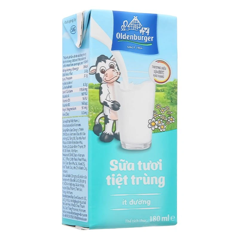 Lốc 4 hộp sữa tươi tiệt trùng Oldenburger ít đường 180 ml (từ 1 tuổi) 20