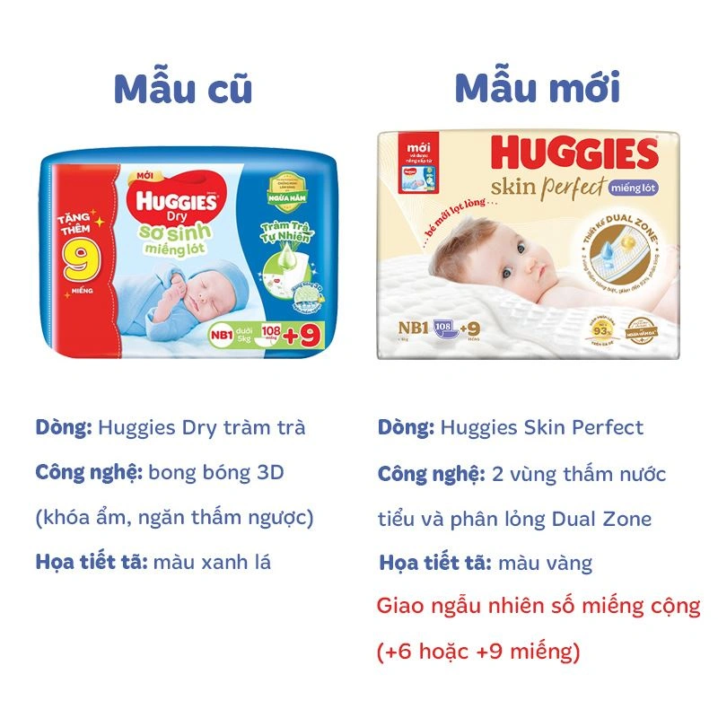 Miếng lót Huggies Skin Perfect size NB1 108 + 9 miếng (Dưới 5 kg) - Giao bao bì cộng miếng ngẫu nhiên 2