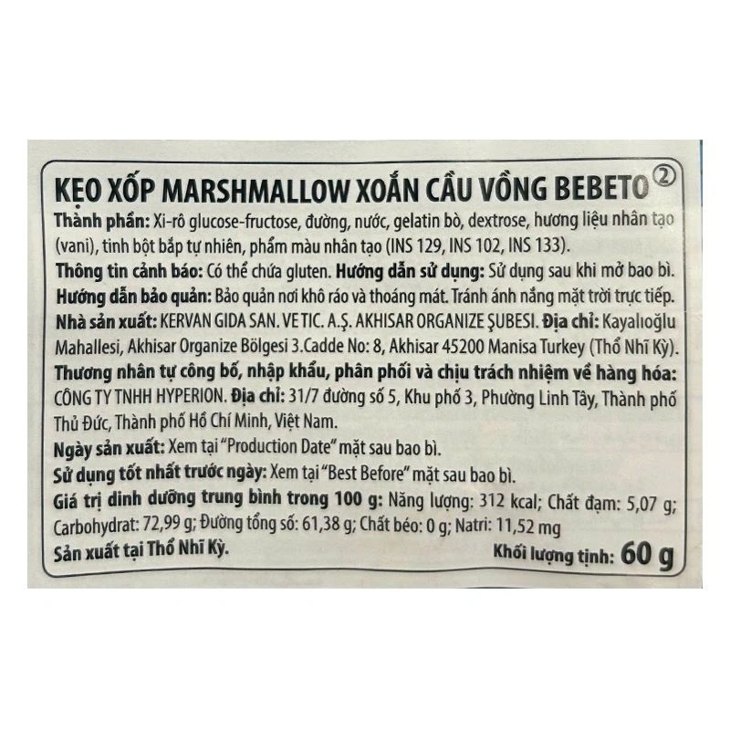 Kẹo xốp marshmallow BEBETO Rainbow Twist hương vani gói 60g (từ 3 tuổi) 3