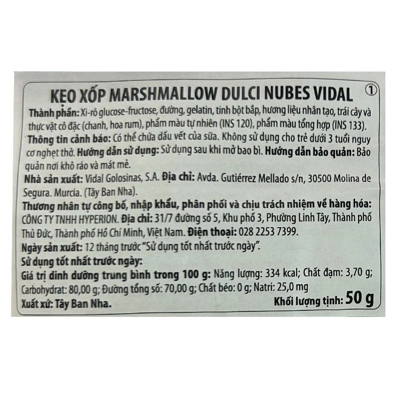 Kẹo xốp marshmallow Vidal Dulci Nubes hương chanh, hoa rum gói 50g (từ 3 tuổi) 3