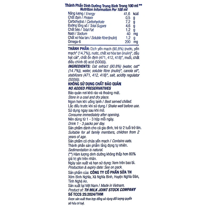 Lốc 4 hộp sữa yến mạch TH true Oat 180 ml (từ 2 tuổi) 11