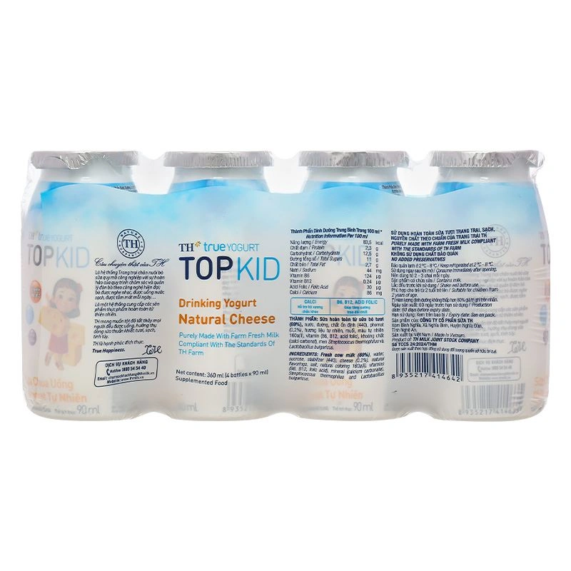 Lốc 4 chai sữa chua uống phomat tự nhiên TH true YOGURT TOPKID 90 ml (từ 2 tuổi) - Giao bao bì ngẫu nhiên 4