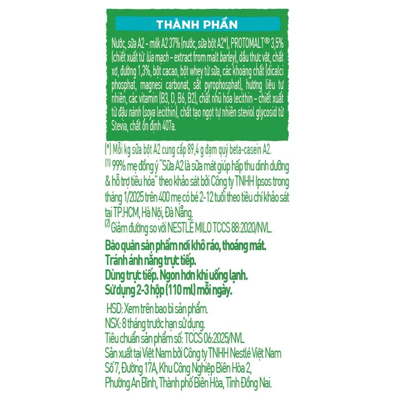 Thùng 48 hộp thức uống lúa mạch Nestlé Milo A2 ít đường 110 ml (từ 2 tuổi) 17