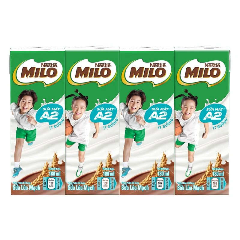 Thùng 48 hộp thức uống lúa mạch Nestlé Milo A2 ít đường 180 ml (từ 2 tuổi) 12
