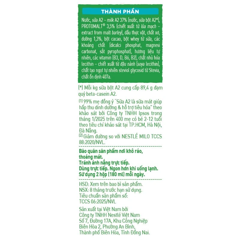 Thùng 48 hộp thức uống lúa mạch Nestlé Milo A2 ít đường 180 ml (từ 2 tuổi) 17
