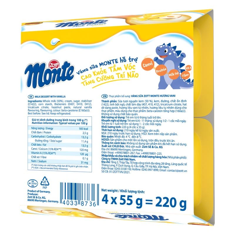 Lốc 4 hũ váng sữa Zott Monte vị vani 55g (từ 6 tháng) - Giao bao bì ngẫu nhiên 3