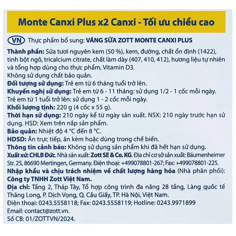 Lốc 4 hũ váng sữa Zott Monte Canxi Plus 55g (từ 6 tháng) 8
