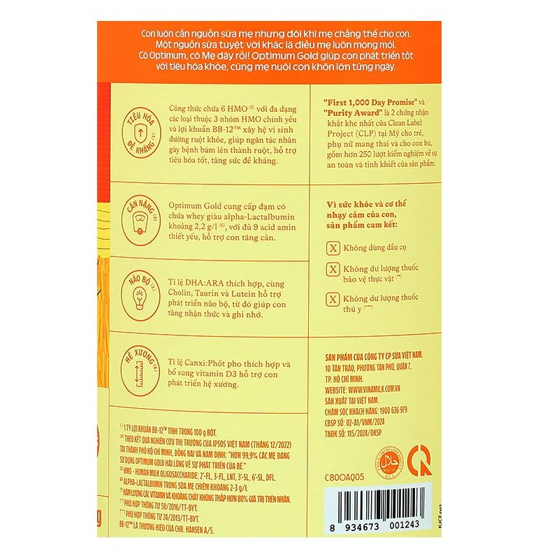 Sữa bột Optimum Gold số 1 800g (0 - 6 tháng) - Giao bao bì ngẫu nhiên 8