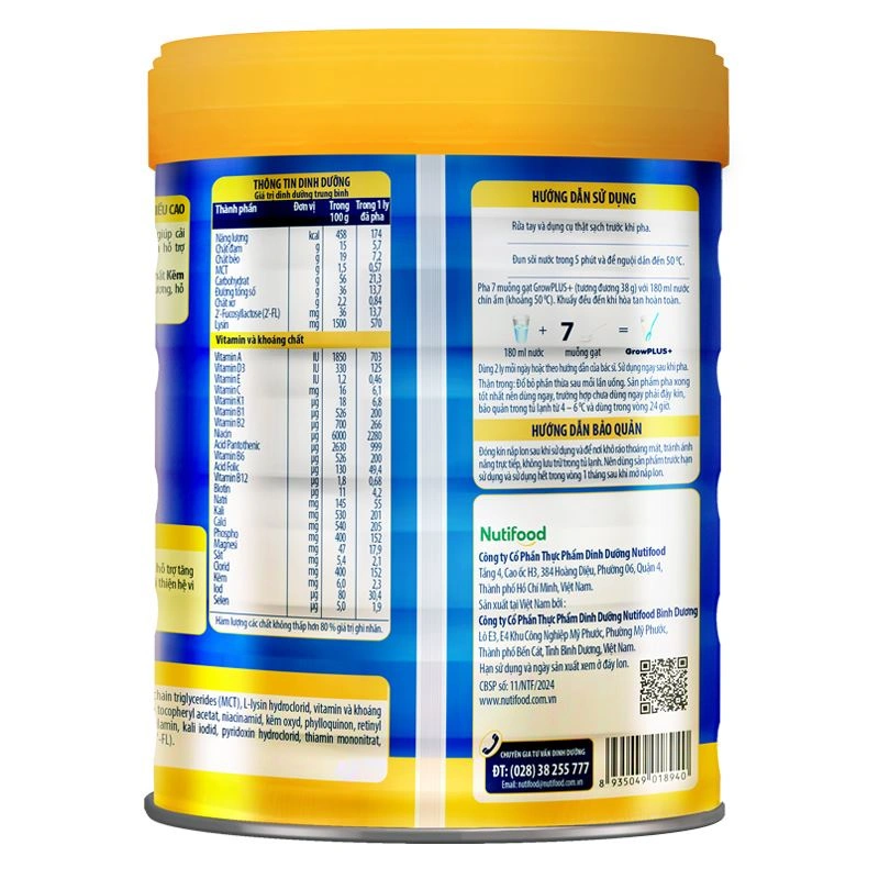 Sữa bột Nutifood GrowPLUS+ xanh 2+ hương vani 1.5 kg (từ 2 tuổi) giúp tăng cân 10