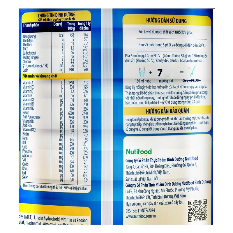 Sữa bột Nutifood GrowPLUS+ xanh 2+ hương vani 1.5 kg (từ 2 tuổi) giúp tăng cân 13