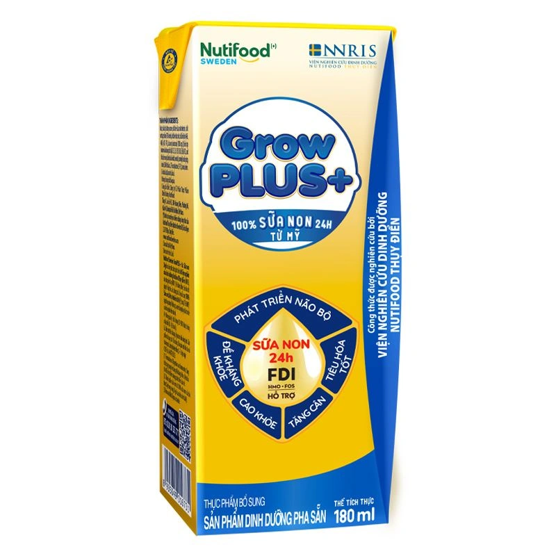 Lốc 4 hộp sữa non pha sẵn Nutifood GrowPLUS+ vàng hương vani 180 ml (từ 2 tuổi) 4