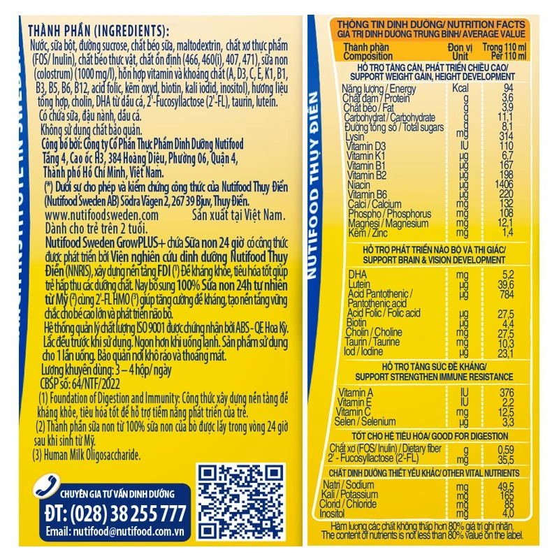 Lốc 4 hộp sữa non pha sẵn Nutifood GrowPLUS+ vàng hương vani 110 ml (từ 2 tuổi) 18