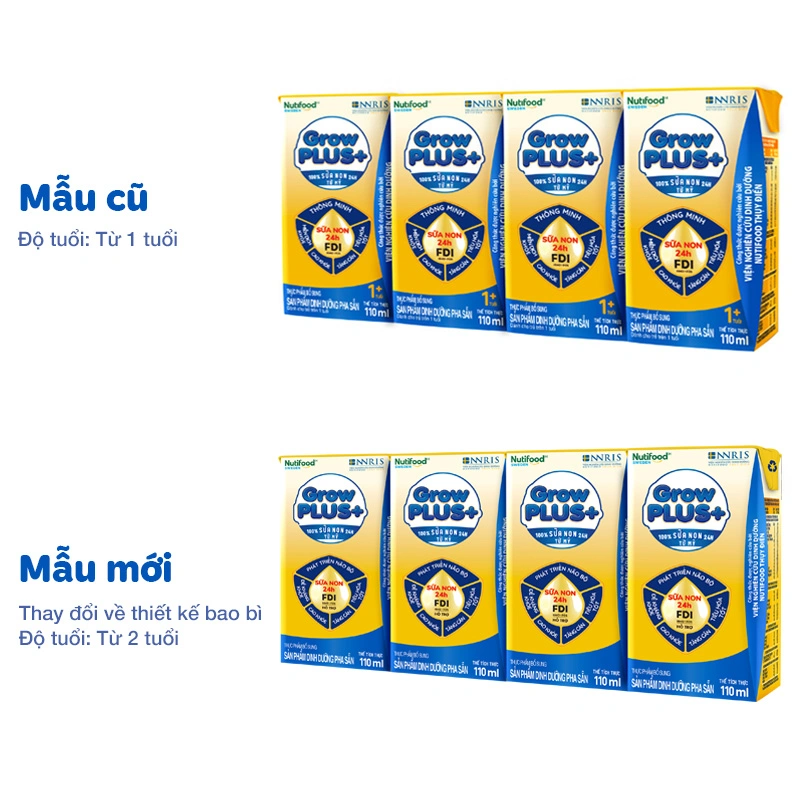 Lốc 4 hộp sữa non pha sẵn Nutifood GrowPLUS+ vàng hương vani 110 ml (từ 2 tuổi) 10