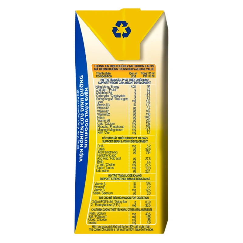 Lốc 4 hộp sữa non pha sẵn Nutifood GrowPLUS+ vàng hương vani 110 ml (từ 2 tuổi) 17