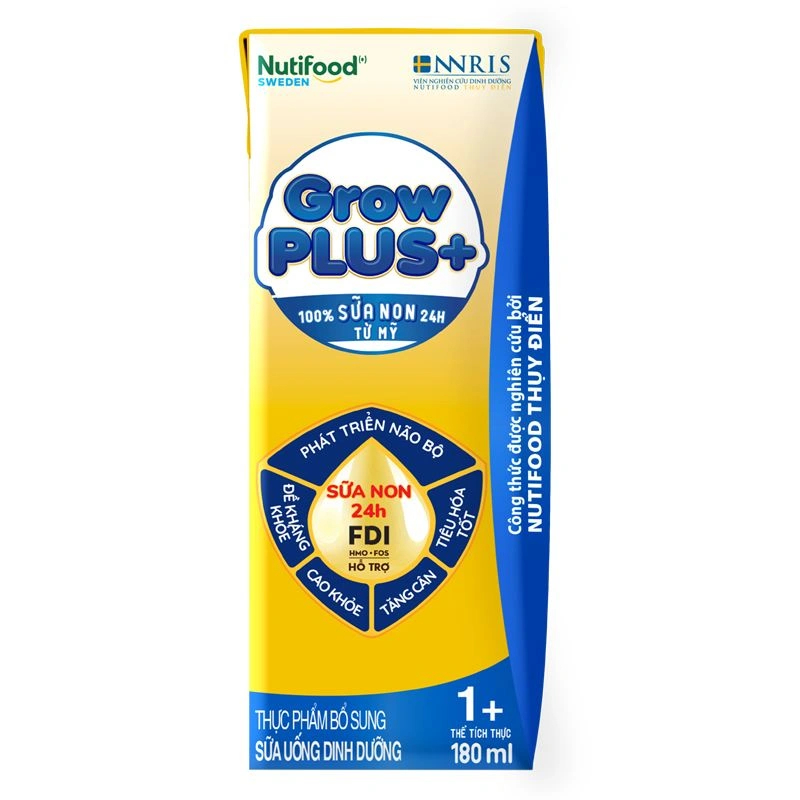 Lốc 4 hộp sữa non pha sẵn Nutifood GrowPLUS+ vàng 1+ hương vani 180 ml (1 - 2 tuổi) 4