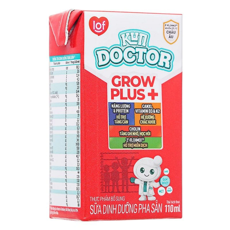 Lốc 4 hộp sữa pha sẵn Kun Doctor Grow Plus+ hương vani 110 ml cho trẻ suy dinh dưỡng, thấp còi (từ 1 tuổi) 20