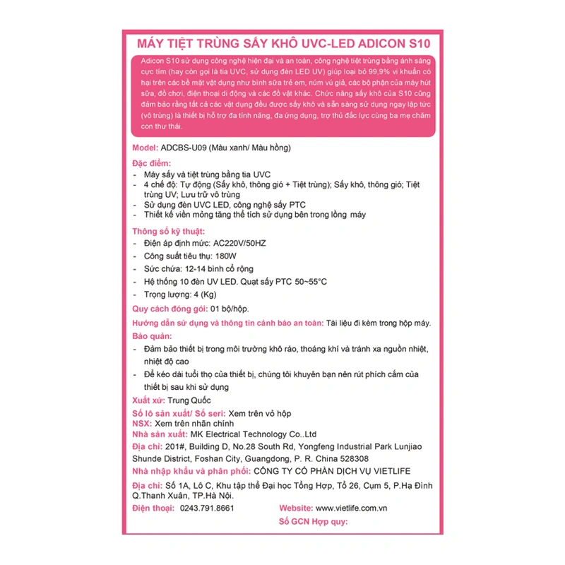 Máy tiệt trùng sấy khô bình sữa Adicon S10 19